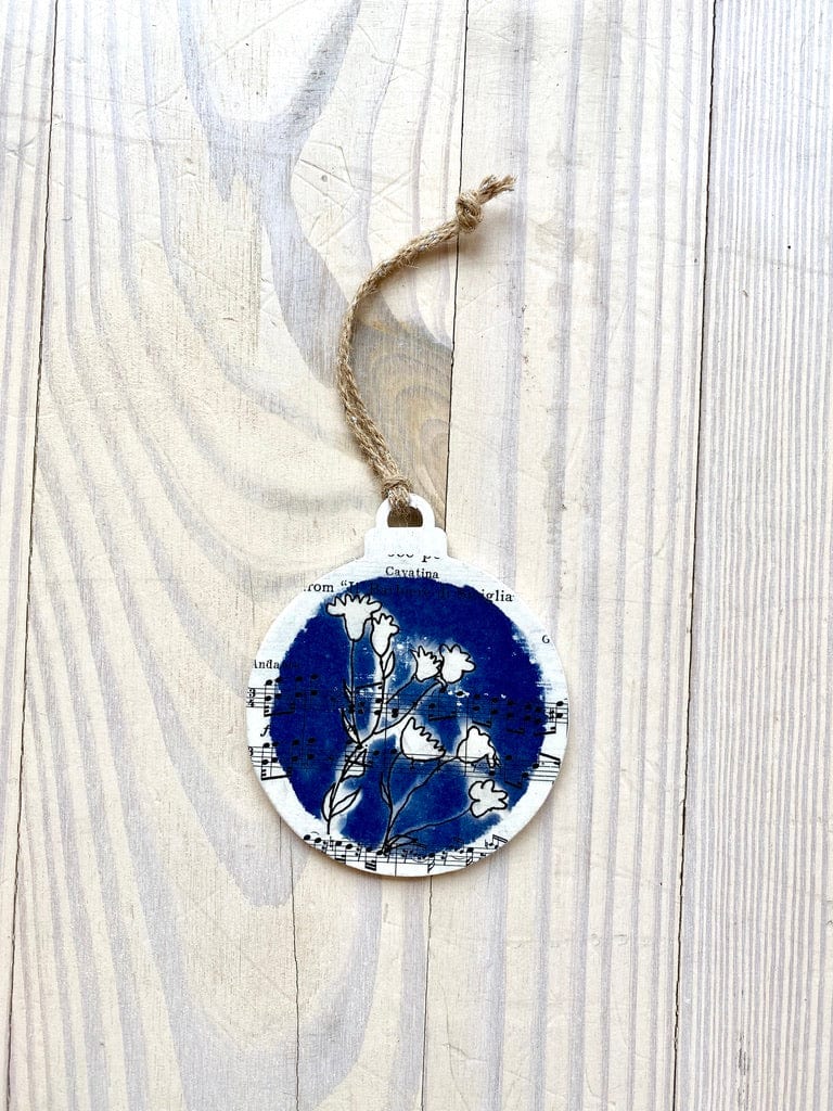 Round Musical Cyanotype Holiday Ornament