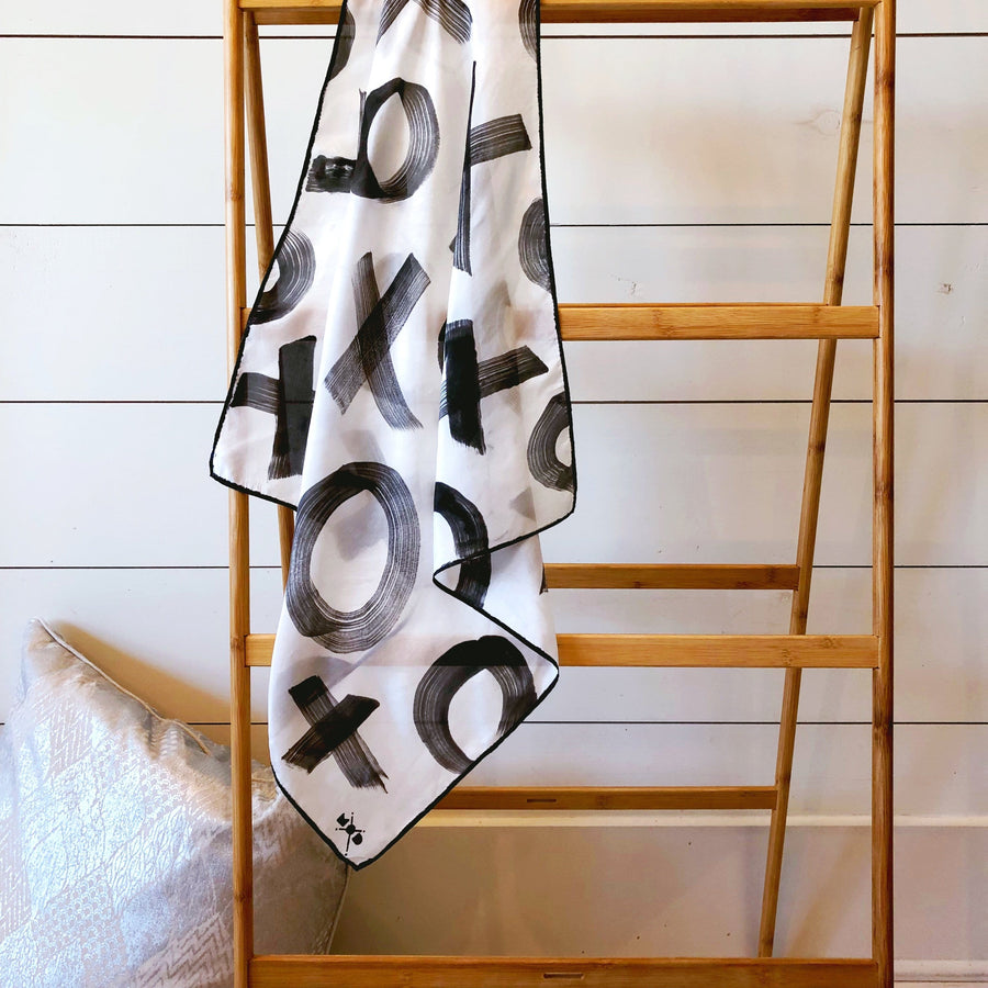 Hand-Painted Silk Scarf - B/W X's + O's - Michelle Owenby Design
